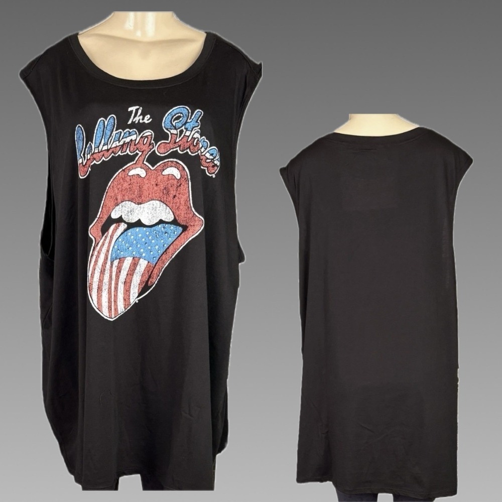 The Rolling Stones 5X Black Patriotic Tongue Graphic Muscle Tank Top Crew Neck